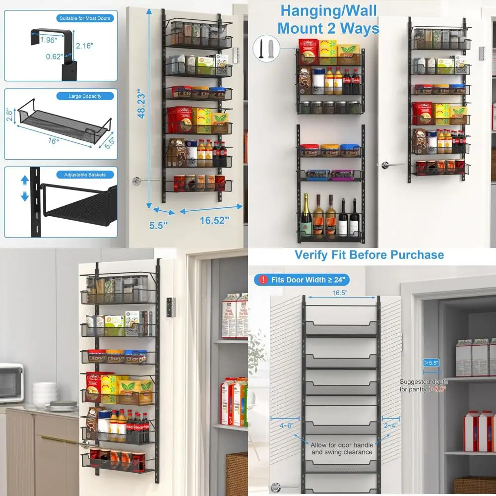 

6-уровневый регулируемый дверной органайзер для кладовой, черный — кухонное решение для хранения специй и многого другого