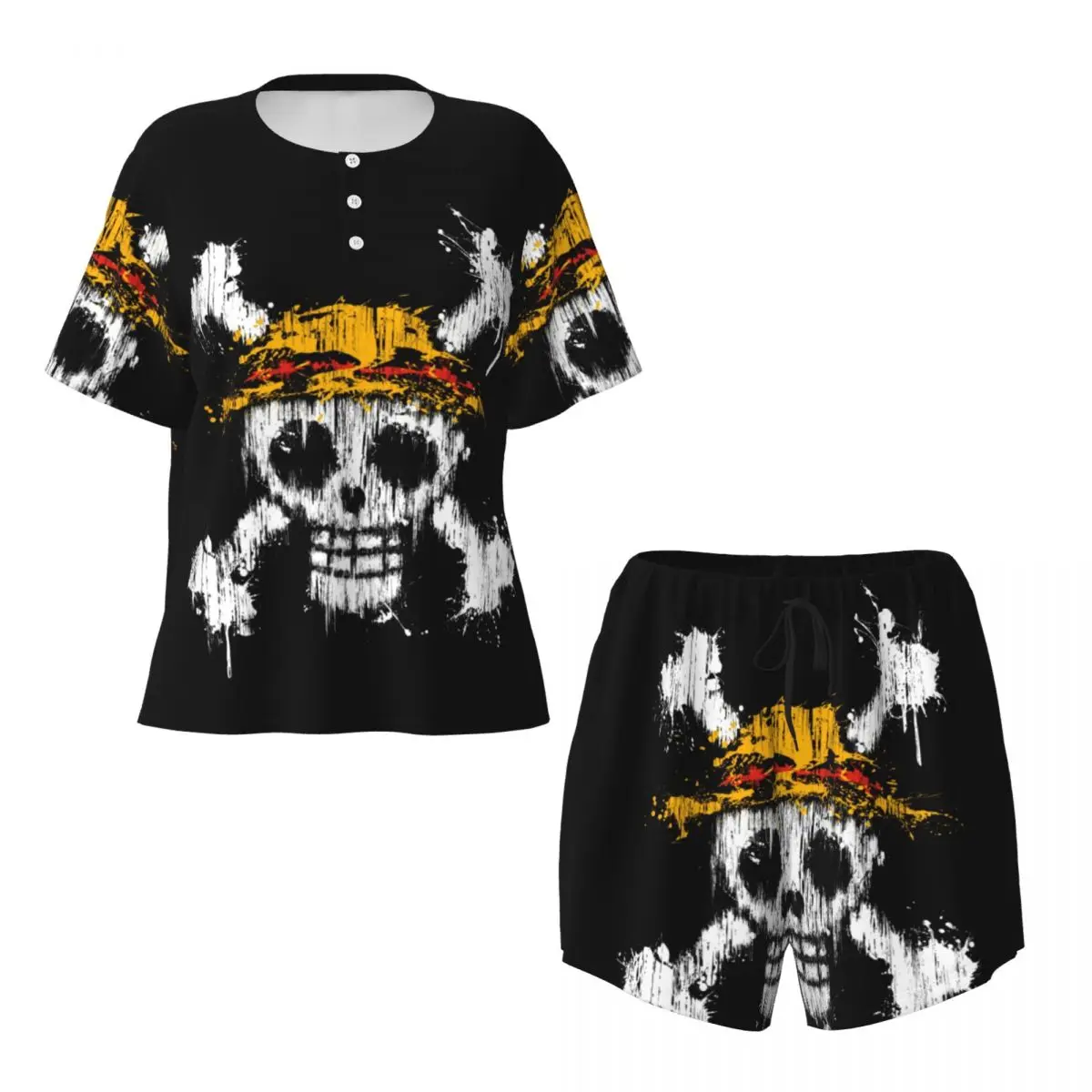 Custom Print Women\'s One Pieces Team Luffy Pajamas Set Short Sleeve Straw Hat Pirates Skull 2 Piece Sleepwear Pj Lounge Sets