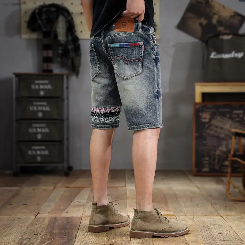 

Vintage blue washed embroidered denim shorts men's trend handsome scraping summer Slim straight five pants