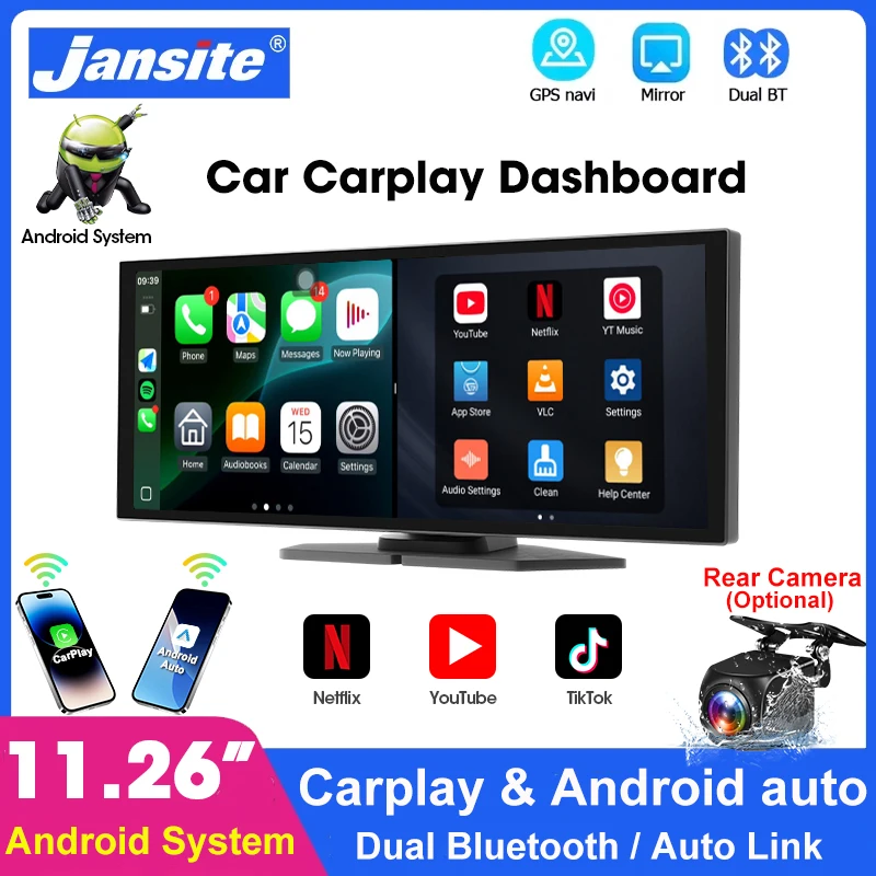 

Jansite 11,26 "Android автомобильный мультимедийный плеер приборная панель Carplay Android Auto Bluetooth для YouTube для Netflix с задней камерой
