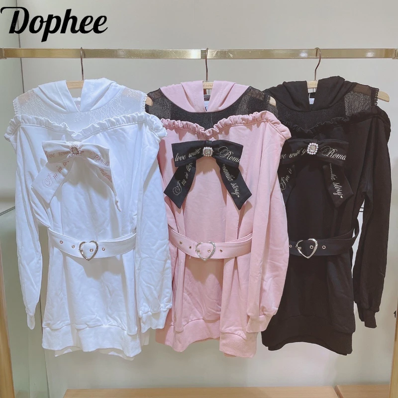 Dophee Japan Style Spring Autumn Women Sweatshirt Off Shoulder Lace Splicing Hooded Pullover Top Mid-long Loose Casual Hoodies