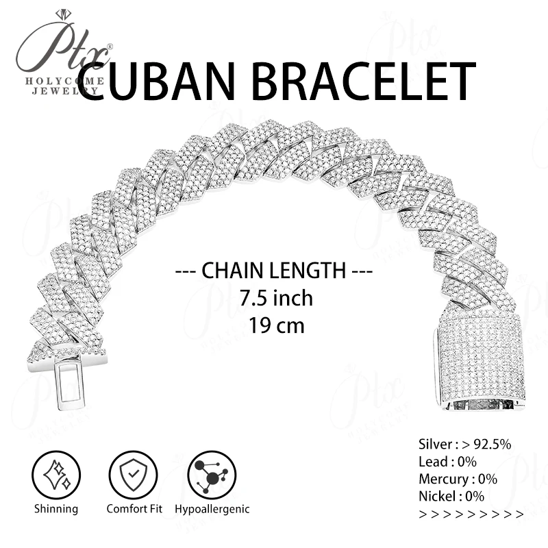 Moissanite Diamond 925 Sterling Silver Cuban Link Miami Chain  Tennis Bracelet  for Men Singer Style Rap Hip Hop Jewelry Charms