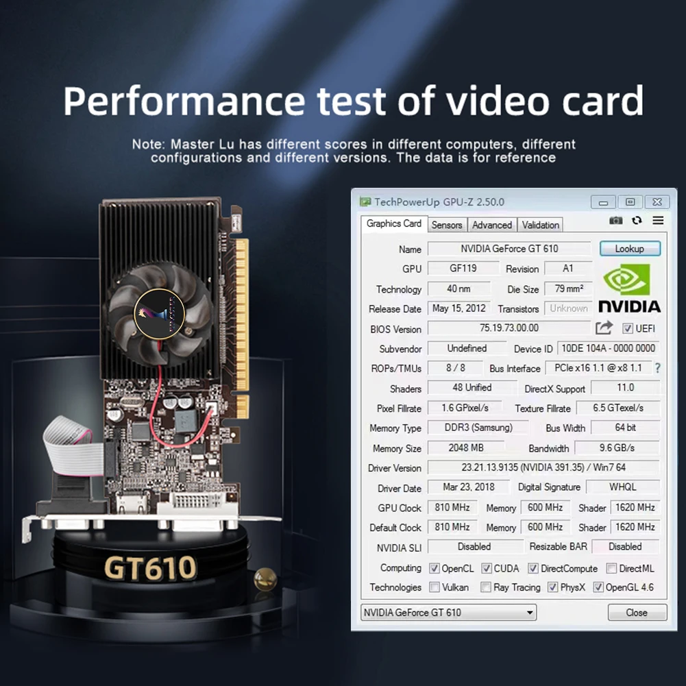 GT610 بطاقة رسوميات فيديو كمبيوتر ، مروحة كتم الصوت ، واجهة عالية الدقة ، شاشة MHz ، شاشة DDR3 ، الألعاب ، GPU سطح المكتب ، 2 جيجابايت