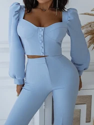 Palace Style Solid Color Casual Two Piece Set 2024 Autumn Women V-neck Button Lantern Sleeve Top and High Waist Flare Pants Set