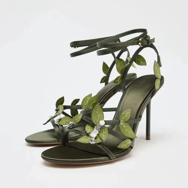 

2025 Summer Leafs Satin Narrow Band Women Gladiator Sandals Fashion Stiletto High Heels Female Party Dress Shoes Sandals Mujer