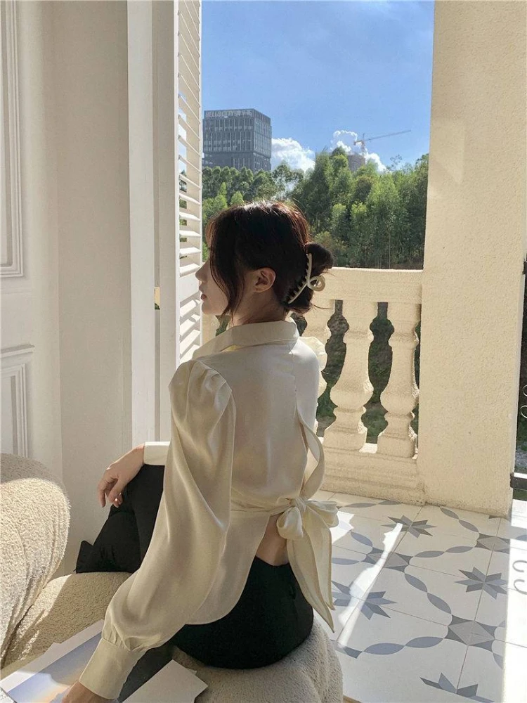 Deeptown Blouses Bandage Bow Tie Shirts Backless Casual Long Puff Sleeve Solid Color Tops Button Waist Fit Blouses Fashion 2024.