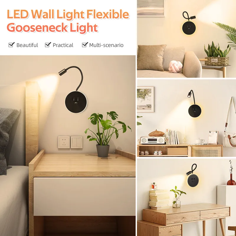 3W+8W LED Flexible Reading Wall Lamp,Gooseneck Besides Light with USB/ Type-C Charging Port Bedroom Bedside Headboard Desk Decor