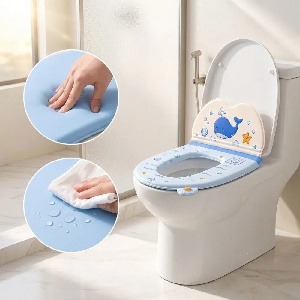 Cartoon Toilet Seat Protector with backrest Waterproof Toilet Seat Mat Soft Self-adhesive Toilet Seat Cushion Bathroom