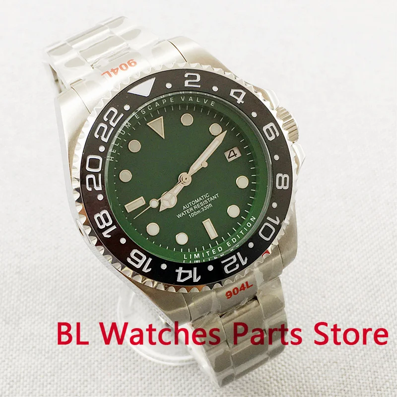 BLIGER 43mm Silver Case Mechanical Men\'s Watch Green ChapterRotating Bezel Ceramic Insert 24Jewels NH35A MIYOTA 8215 Steel Strap