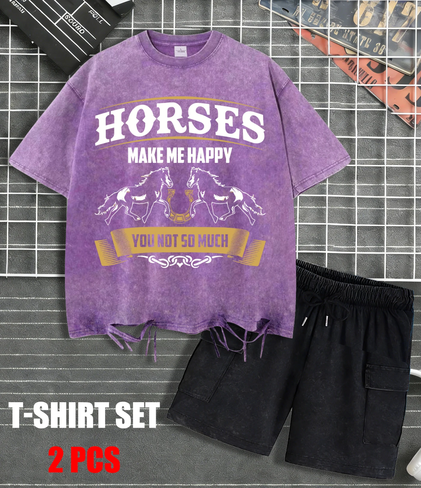 

Футболка с принтом «Лошади меня делают счастливым», мужская летняя дышащая футболка с круглым вырезом, комплект из хлопковых свободных шорт, унисекс, мягкие футболки