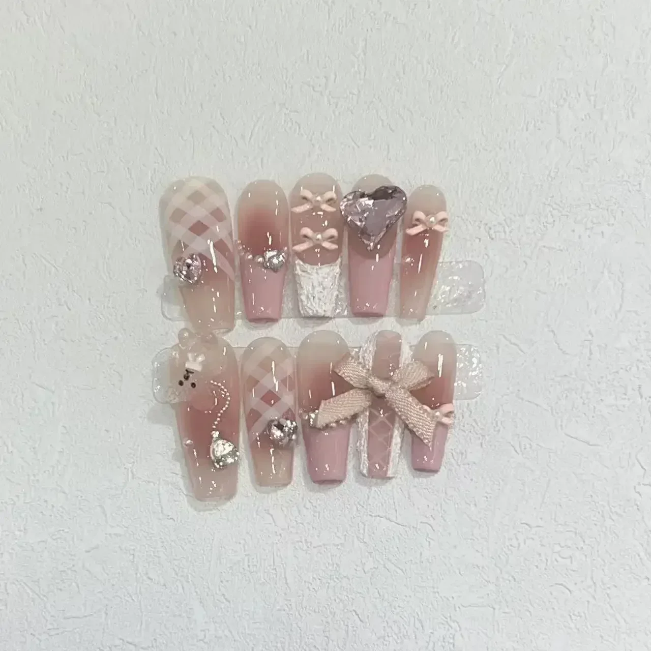 10Pcs Handmade Press on Nails Long Coffin Love Rhinestone Bow Design Fake Nails French Ballerina Wearable Full Cover Nail Tips