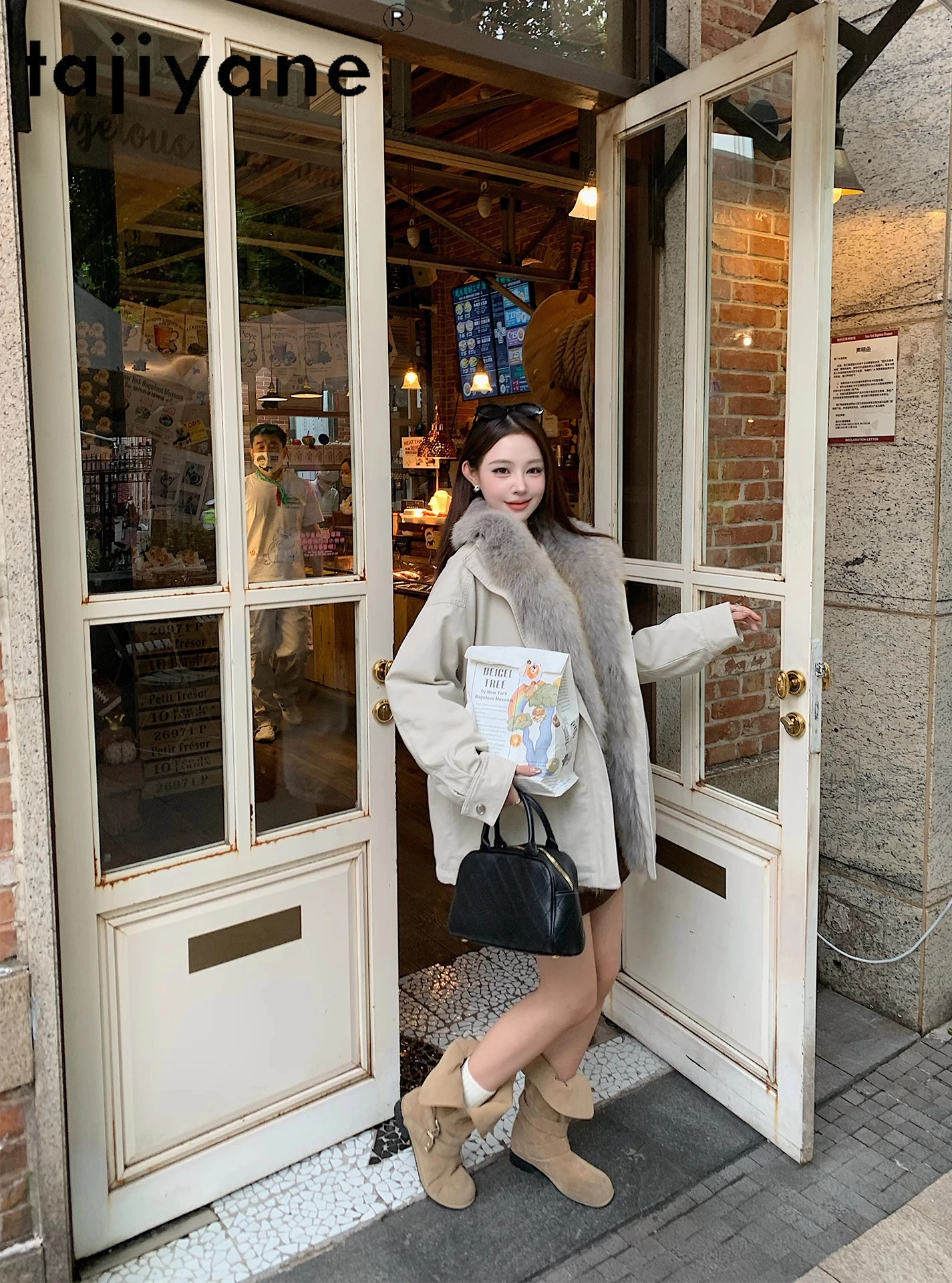 타지야네 90% 화이트 구스 다운 코트 여성 탈부착 가능한 리얼 폭스 퍼 칼라 재킷 여성 파카 겨울 여성 의류 2025