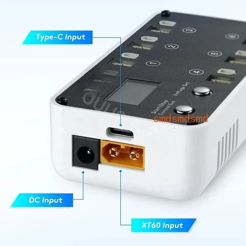 

Зарядное устройство-разрядник 3 V3 на 6 портов для LiPo/LiHV аккумуляторов с LCD-дисплеем, TYPE-C, DC, TX60 для FPV дронов, BT2.0, PH2.0