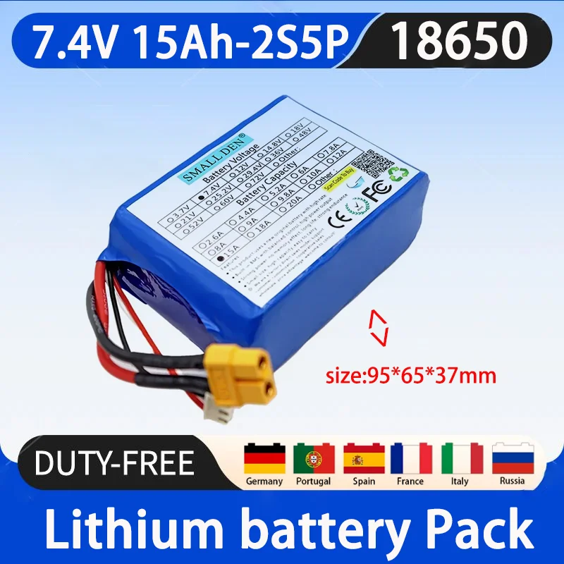 7.4V 15ah 2S5P 18650 rechargeable lithium-ion battery pack, suitable for high-power ultra-thin portable large capacity batteries