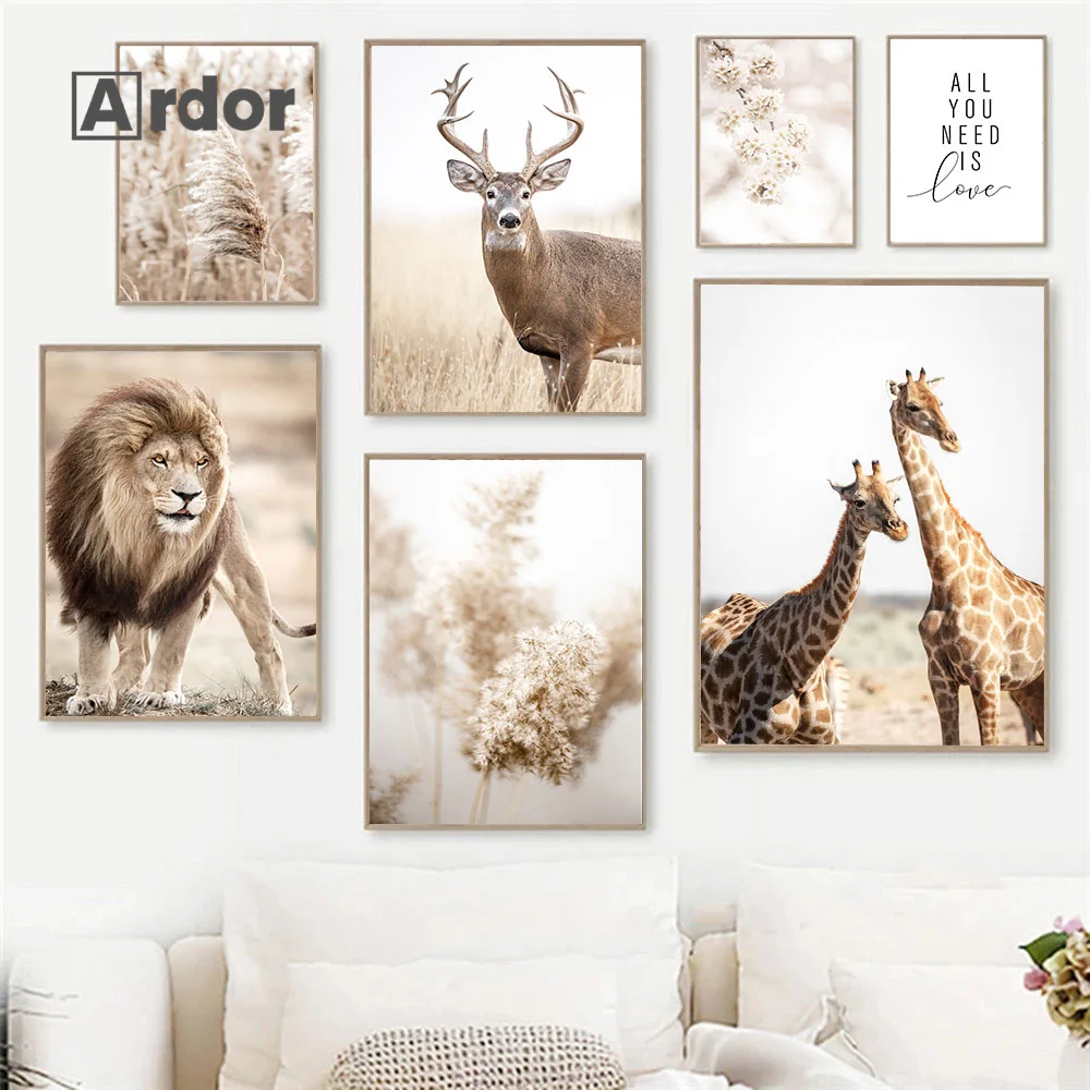 

Beige Nature Animals Elk Lion Wall Poster Reed Grass Giraffe Canvas Painting Art Print Nordic Wall Pictures Living Home Decor