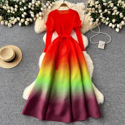 Miyake Gradient Color Pleated Dress for Women's New Year Original Designer Bud Sleeve Oversize Loose Belt Long Robe Vestidos