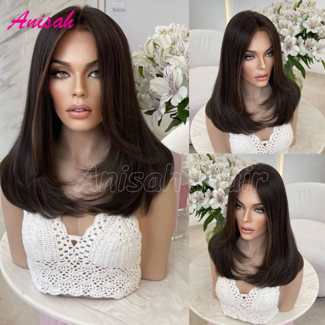 

Brazilian Virgin Hair Brown Colored Highlight Wig Lace Frontal Wig Straight Lace Closure Human Hair Wigs For Women Pre Plucked