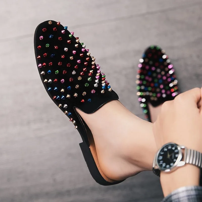 Colored rivets designer shoes mules house slippers indoor shoes for man mule loafers man half slippers