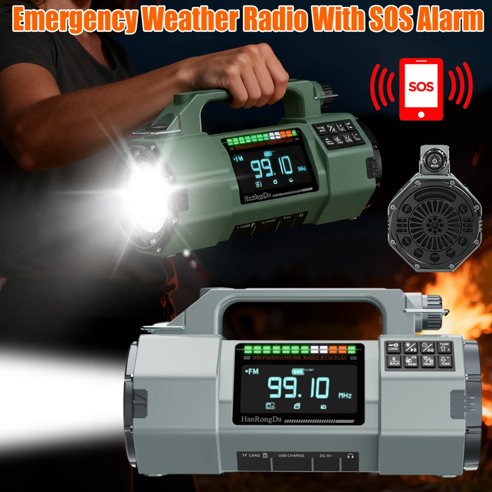 

Аварийное погодное радио с рукояткой и сигнализацией SOS, светодиодный фонарик на солнечной энергии, BT-динамик, радио для экстренных случаев на открытом воздухе