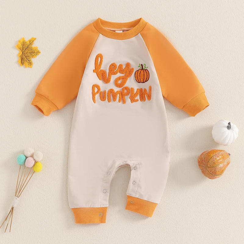 

VISgogo Baby Boys Girls Halloween Casual Jumpsuit Long Sleeve O Neck Letter Pumpkin Embroidery Romper Newborn Fall Clothes