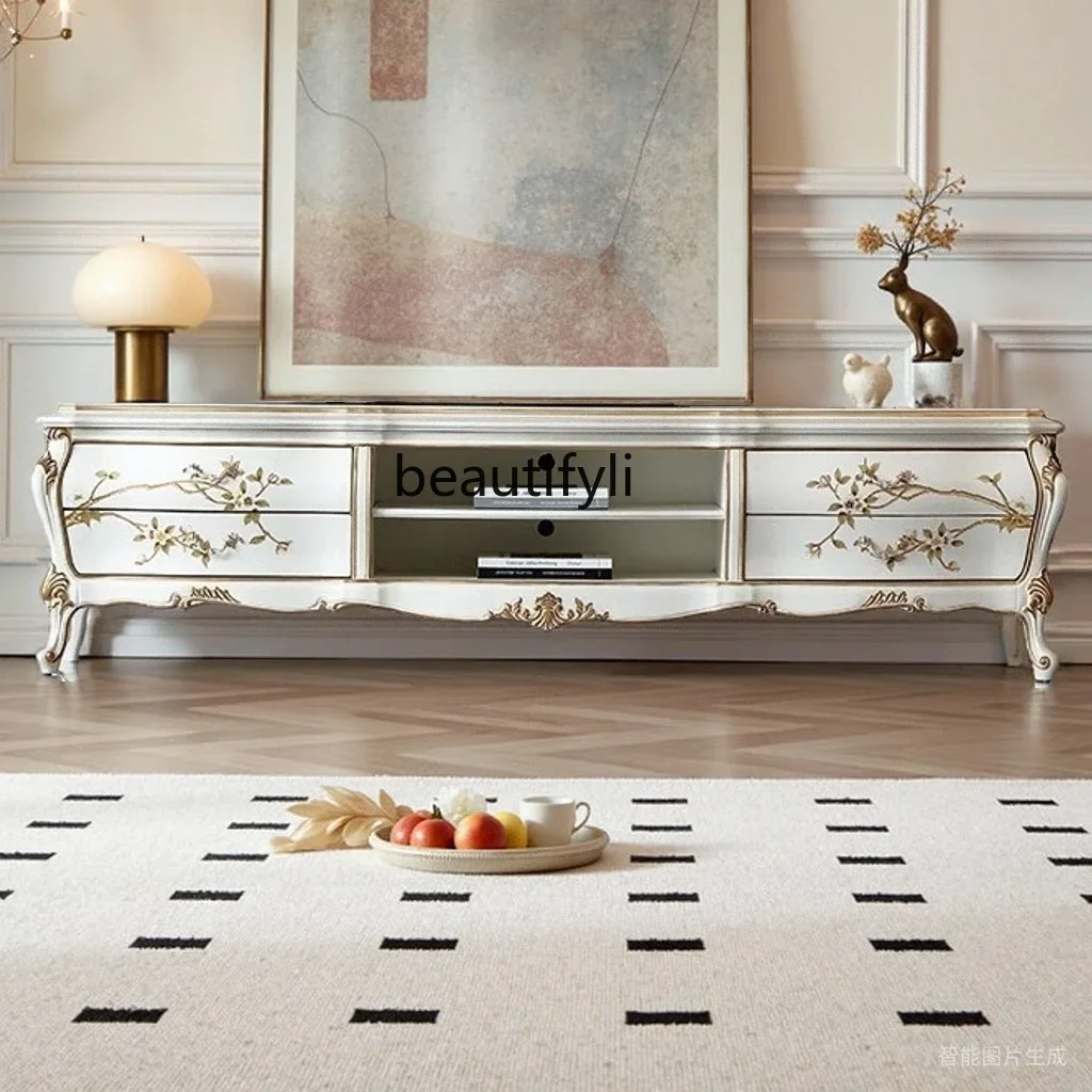 

French Style Painted Solid Wood TV Cabinet High-End Villa Large Flat Floor Living Room Floor Cabinet European Style