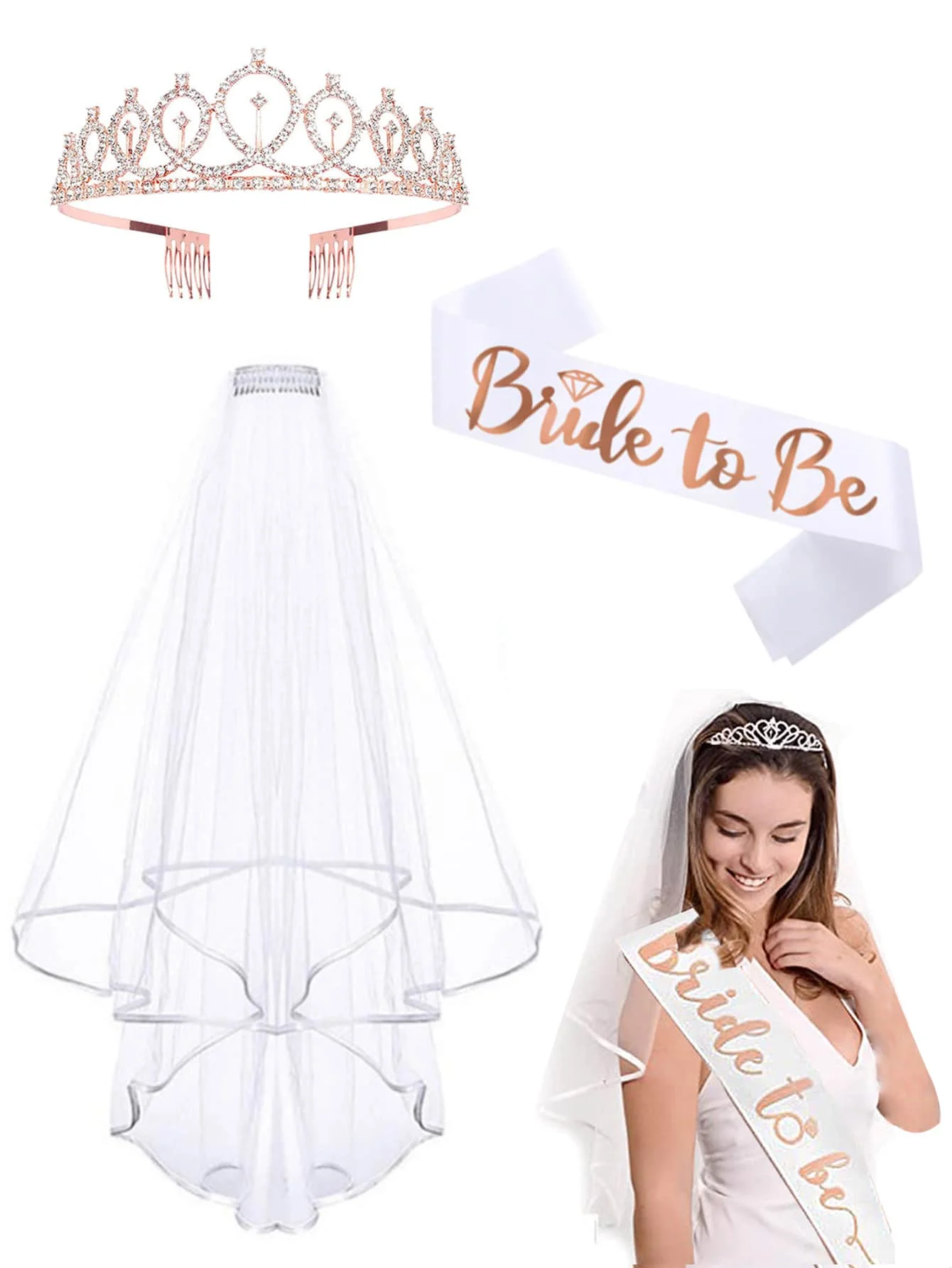 Zestaw Hen Party Bride to Be zawiera szarfę Bride to Be, welon ślubny z grzebieniem, tiarę z kryształkami na wieczór panieński, ślub, wieczór panieński
