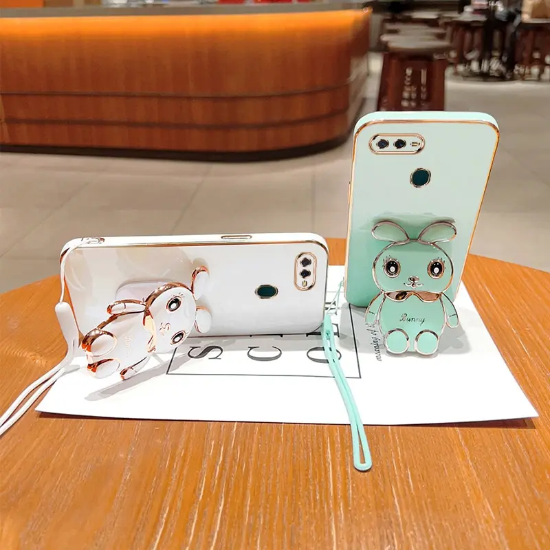 Phone Case For Oppo A7 2018 Oppo A5S Oppo A12 Oppo A7N Oppo A11K Luxury Plating Square Rabbit Holder With Landyard Case Cover