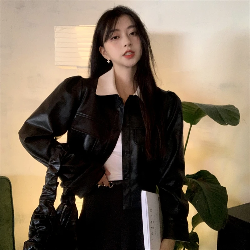 Spleißen Farbe Stil Schwarz Kurze Motorrad Leder Jacke Für Frauen High-end-Herbst Winter Amerikanischen Retro Y2K PU Leder mantel