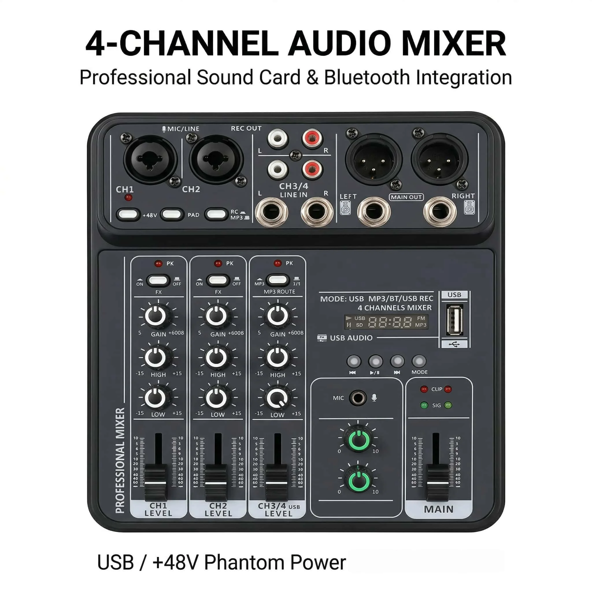 

4-канальный профессиональный мини-аудиомикшер, звуковая карта Bluetooth USB для записи на ПК, с фантомным питанием 48В, универсальный для домашнего караоке