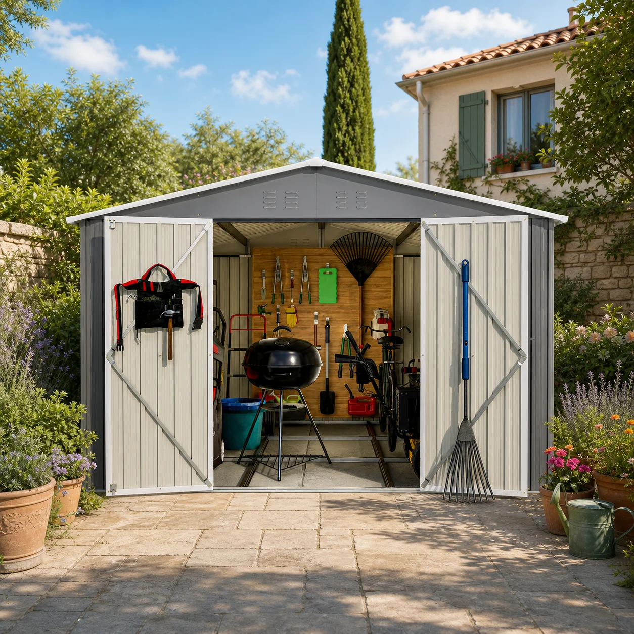 10*10FT Outdoor-Metall-Geräteschuppen mit Bodenrahmen, abschließbaren Doppeltüren und Lüftungsöffnungen, wetterfestes Gartenwerkzeug-Lagergebäude für den Garten, für Rasen- und Gartengeräte
