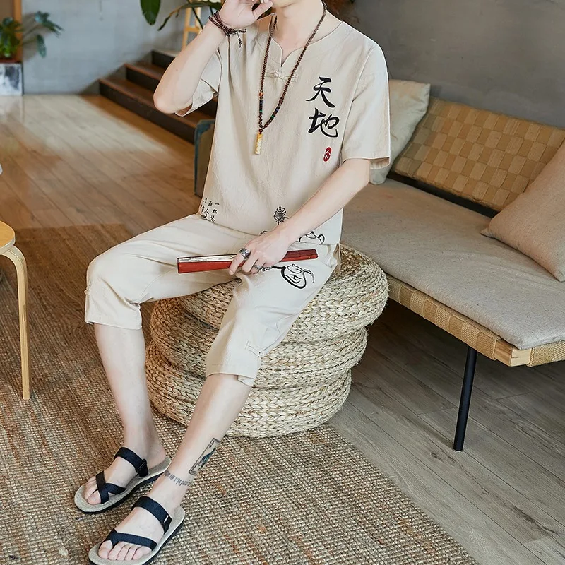 

2024 Summer 2 Piece Sets Retro Embroidery Casual V-neck T-shirts Cropped Pants Chinese Style Social Streetwear Set Men Clothing