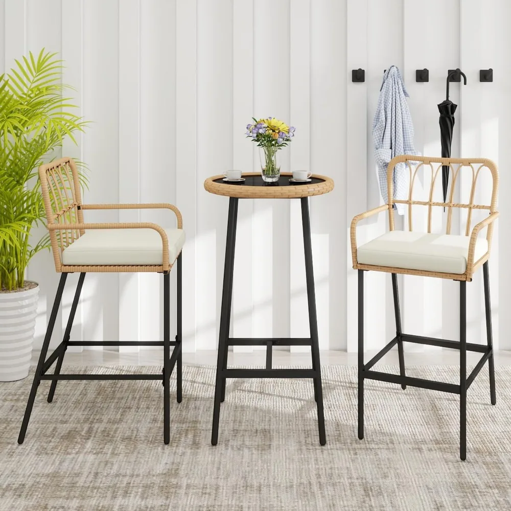 Vikiullf 3-х предметный барный стол для патио, плетеный бар на открытом воздухе, барные стулья и столовый набор погодной высоте, для сада, террасы, балкона