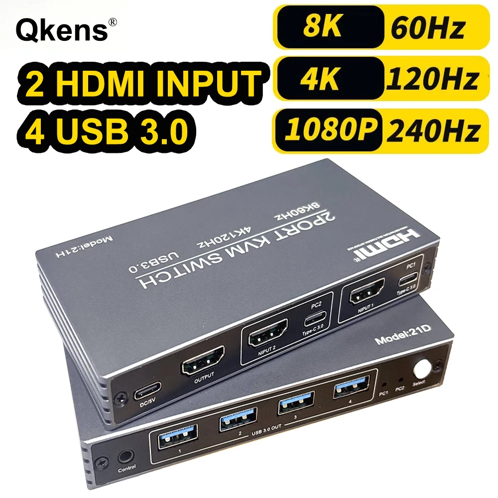 

2-портовый KVM-переключатель HDMI 2.1 8K 60 Гц с 4-портовым USB 3.0 4K 120 Гц для совместного использования мыши, клавиатуры и монитора между 2 компьютерами