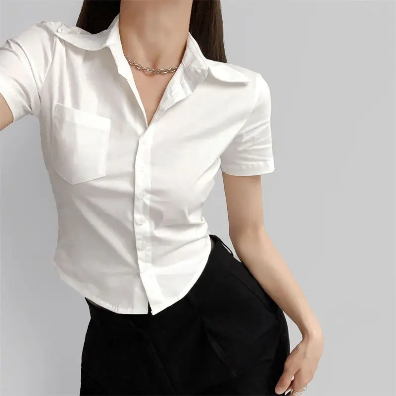 

Y2k Vintage Solid Tee Shirts for Women Turn-down Collar Button Up Corset Blouses Korean Fashion Short Sleeves Slim Fit Tops
