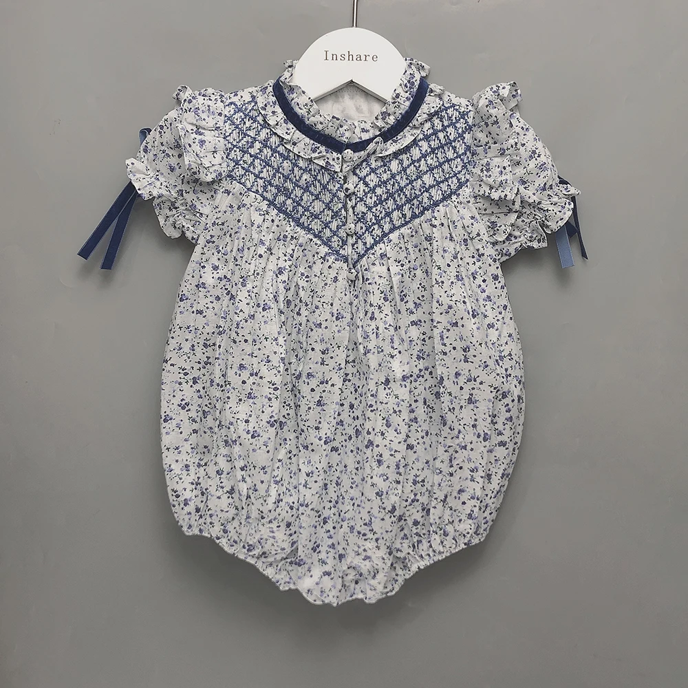 Children Boutique Clothing Summer Girls Puff Sleeves Handmade Smoked Blue Floral Cotton Bubble Romper Princess Siblings Outfi