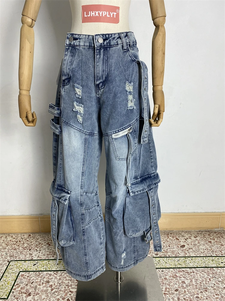 

Women's Double Zipper Multiple Pockets Jeans Cool Girl Streetwear Cowboy High Waist Trouser Female Wide-leg Holes Denim Pants