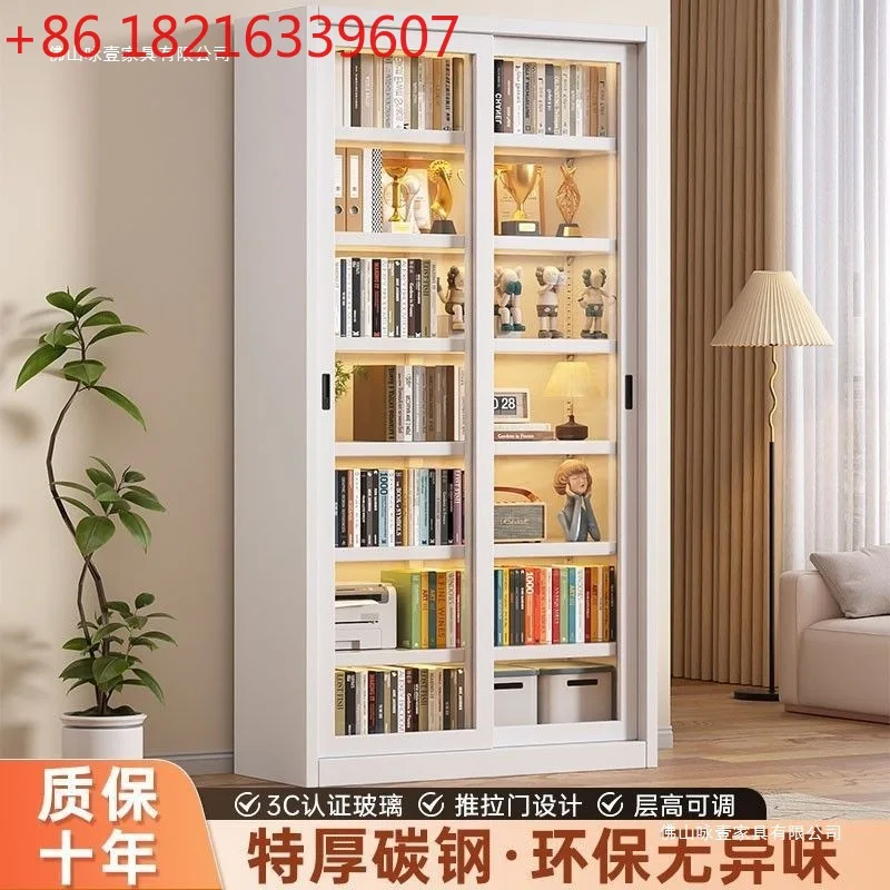 ตู้หนังสือบานเลื่อน ตู้โชว์บานเลื่อนพร้อมกุญแจ ตู้โชว์กันฝุ่น ชั้นวางหนังสือเด็ก ประตูเหล็กกระจก