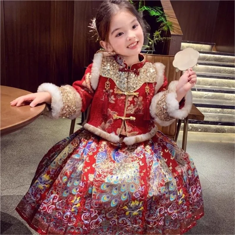 

2026 Новая китайская юбка с лицом лошади для девочек, топ Hanfu, комплект зимы 2026, новая детская утепленная новогодняя одежда в китайском стиле LI806