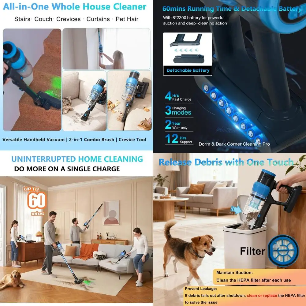 

Мощный легкий беспроводной пылесос мощностью 580 Вт, всасывание 55 кПа, время работы 60 минут, защита от запутывания, идеально подходит для дома, пола, шерсти домашних животных и карпа.