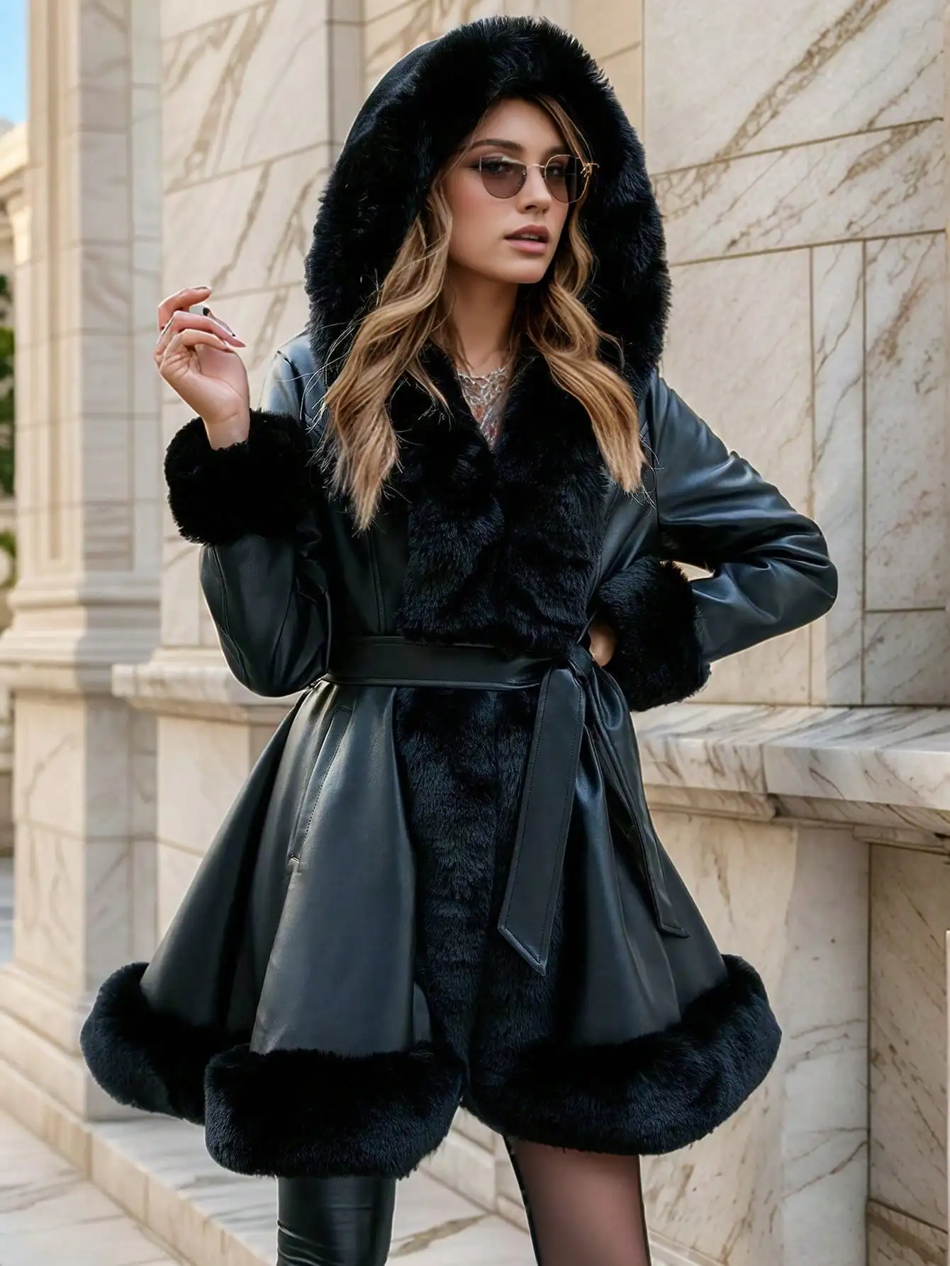 Moda de invierno para mujer |   Chaqueta de PU de lujo con forro, capucha y cinturón de piel sintética