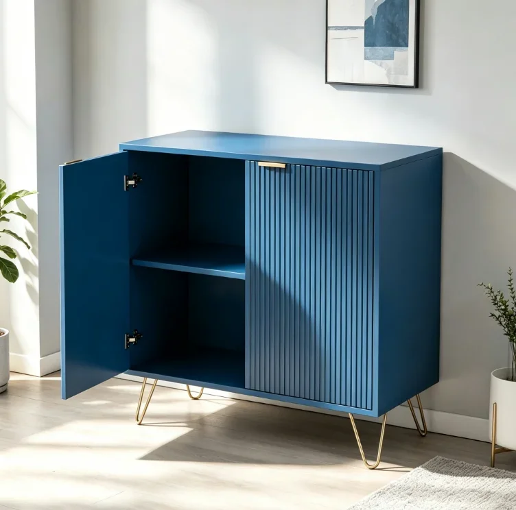 Rosahqnda, mobile da cucina blu navy con gambe dorate e frontale a listelli, armadio a due ante, cassettiera con 2 o 3 cassetti, credenza moderna per riporre oggetti, ideale per camera da letto,
