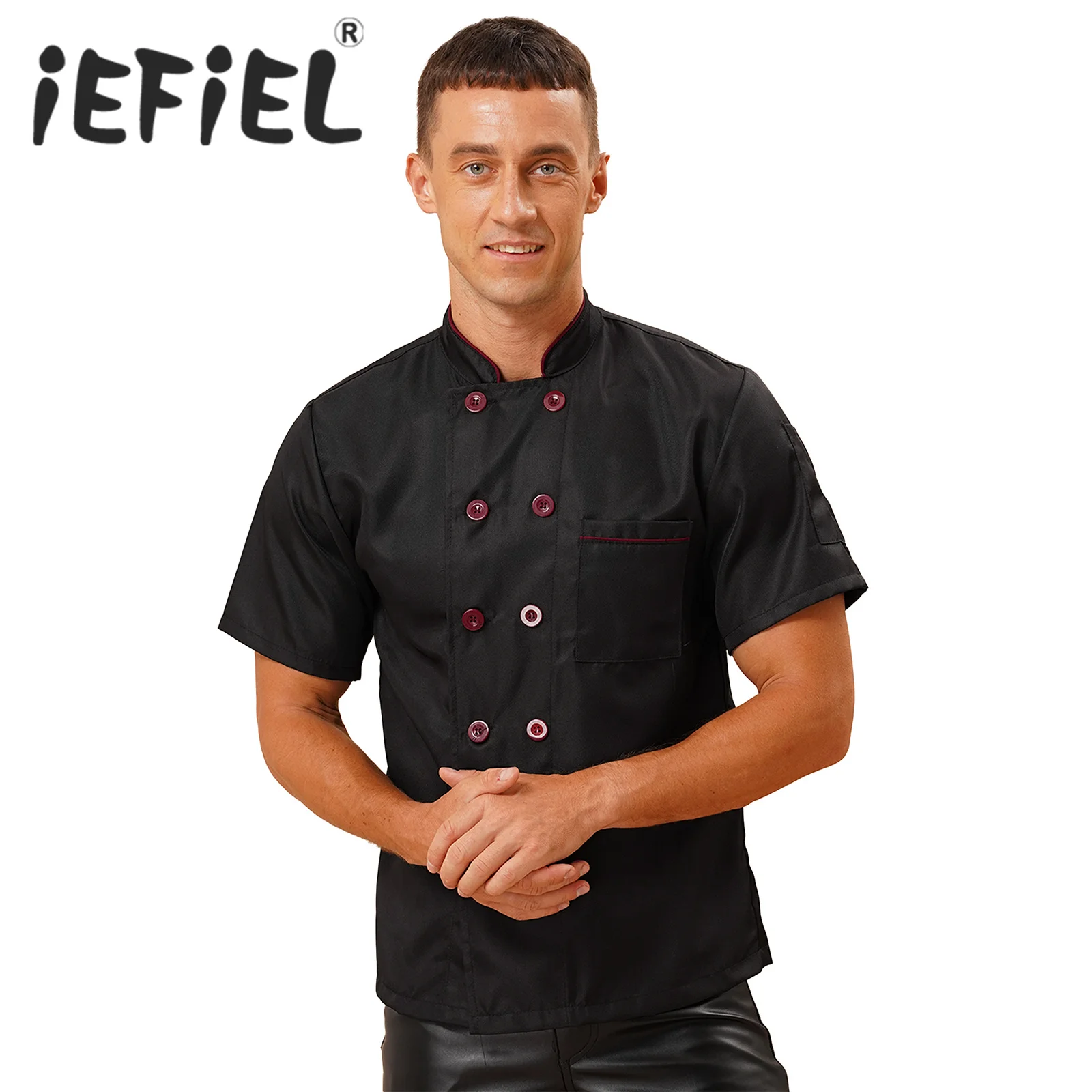 

Mens Chef Shirt Work Uniform Jacket Stand Collar Double-Breasted Cooking Coat Restaurant Kitchen Food Service Tops with Pocket