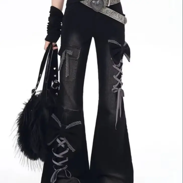 Y2K Bow Jeans Women 3D Design High Waist Slim Fit Flared Pants Spicy Girl