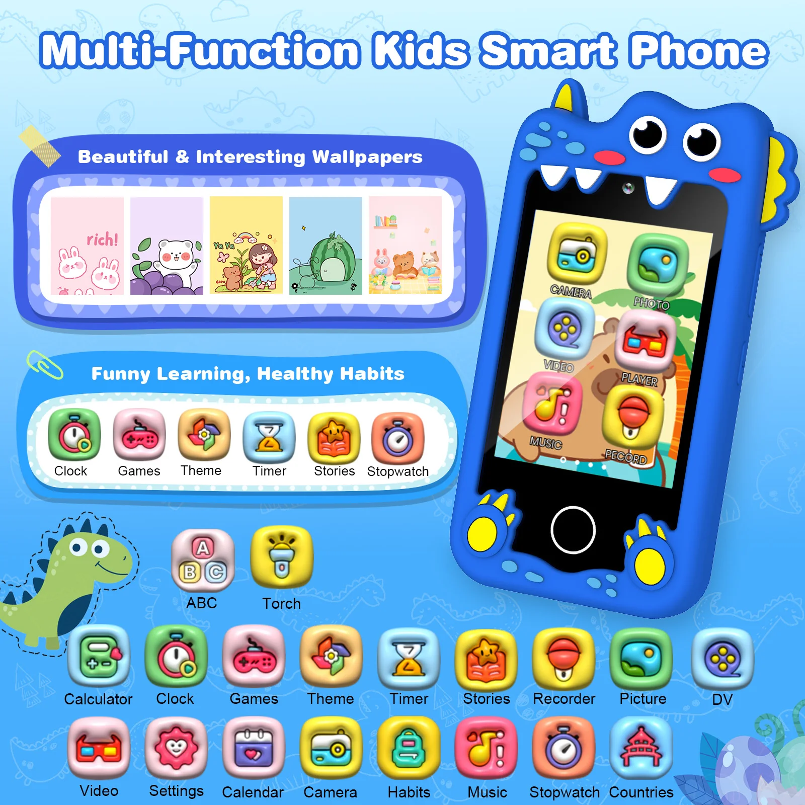 M SANMERSEN Dinosaur Kids Smart Phone for 3-6 Year Olds – 2.8