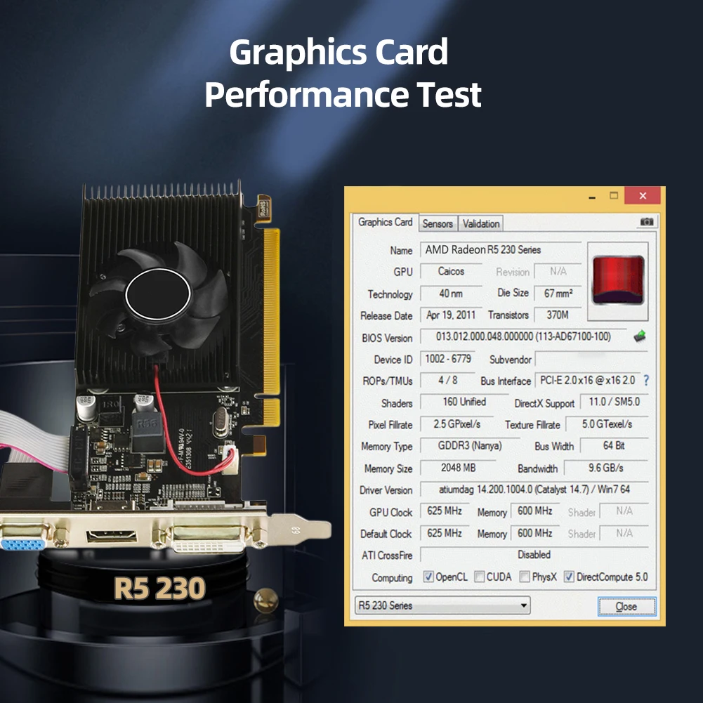 

R5 230 2G Computer Graphics Card 64bit Desktop Graphics Card PCI-E 2GB GDDR3 for Daily Office Web Browsing Games
