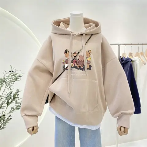 Oversize Plush Bear Hoodie Women's Thickened Winter Sweatshirt Trendy Ins Long Sleeve Polo Collar Casual Comfortable Outerwear