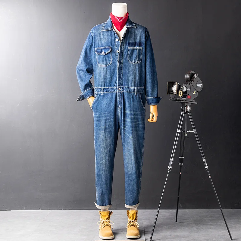 Retro Denim Overalls Set Men's Spring Autumn Trendy American One-Piece Pants Jeans Long Pants Middle Waist Button Opening