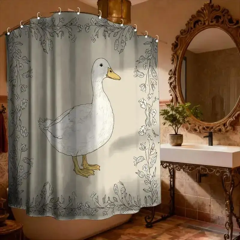 VIKAMA Hand-Drawn Duck Shower Curtain, Fresh Pastoral Print, Waterproof & Mildew-Proof Cozy Bathroom Partition Curtain