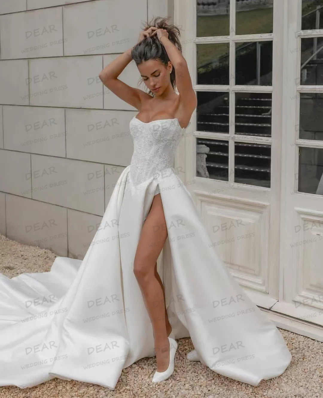 Einfache Satin Brautkleider A-Linie Damen Sexy Spitze U-Boot-Ausschnitt High Split Sweep Zug Braut Kleider Vestidos De Novia Maßgeschneidert