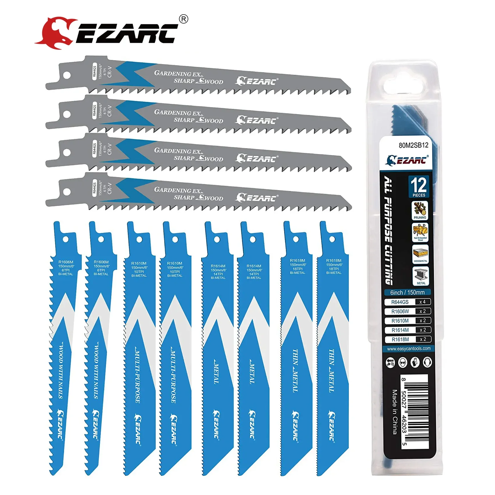 EZARC 150mm 12PCS Reciprocating Saw Blades Set BiMetal Demolition Sabre Saw Blade Set for Metal and Wood Pallet Cutting